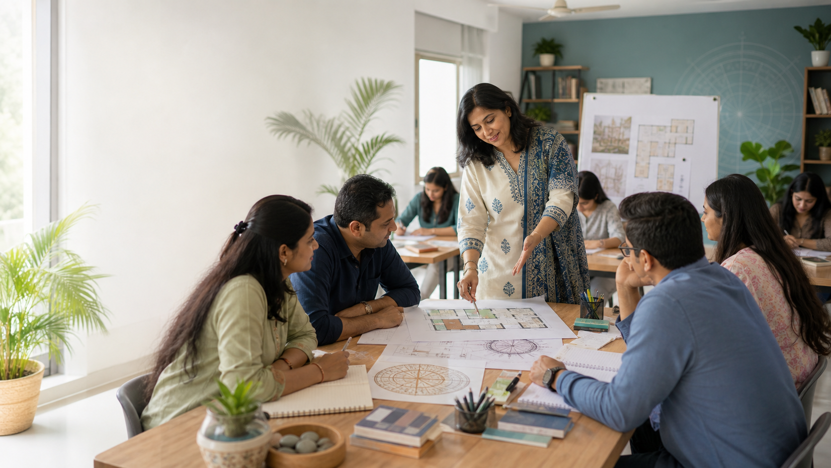 Vastu Gurukul classroom with adult learners studying floor plans and Vastu diagrams