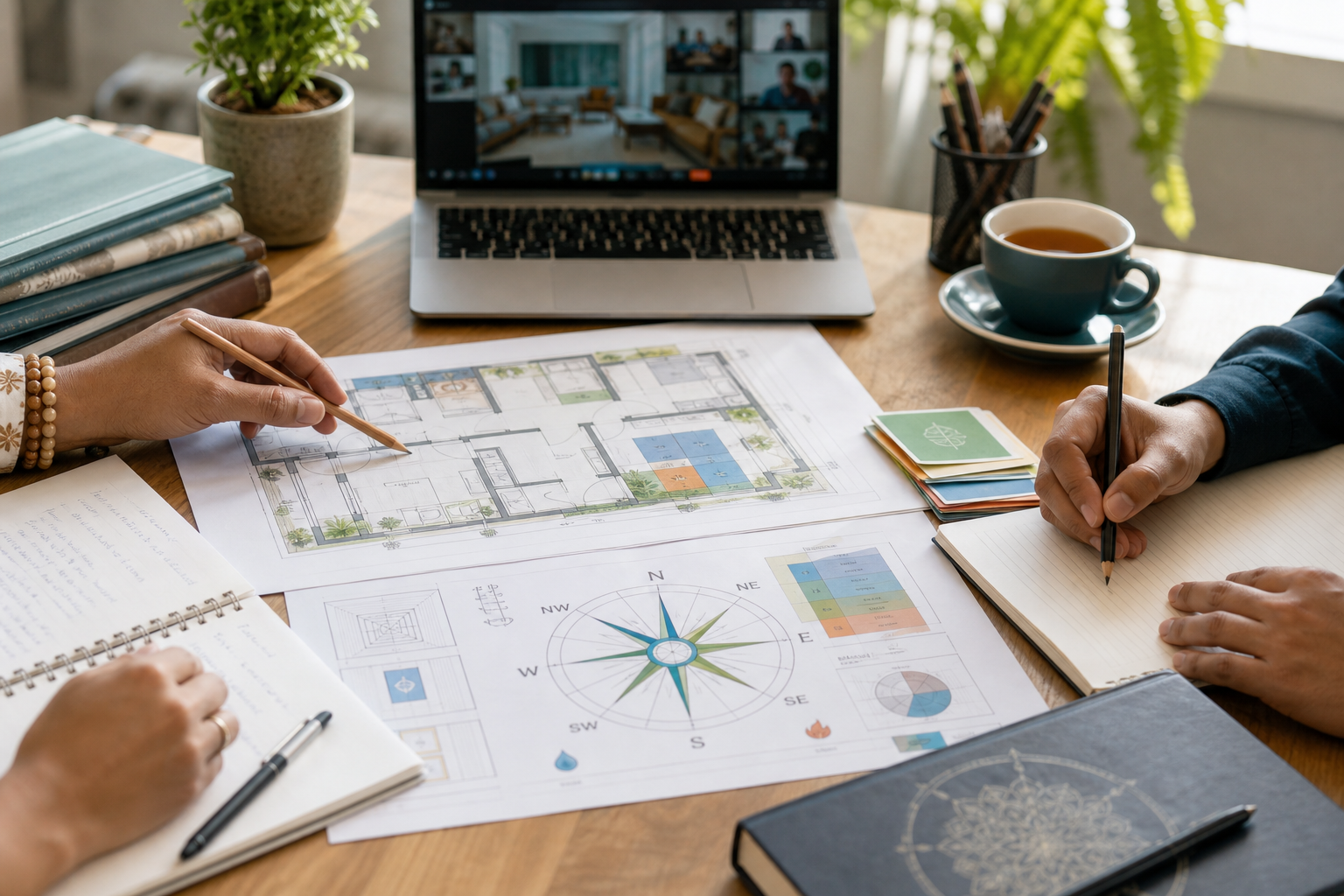 Floor plan and Vastu learning materials on a study table